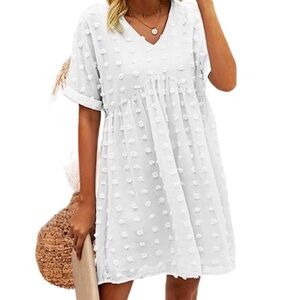 Zenana white Swiss dot rolled short sleeve V-neck babydoll, Size Small